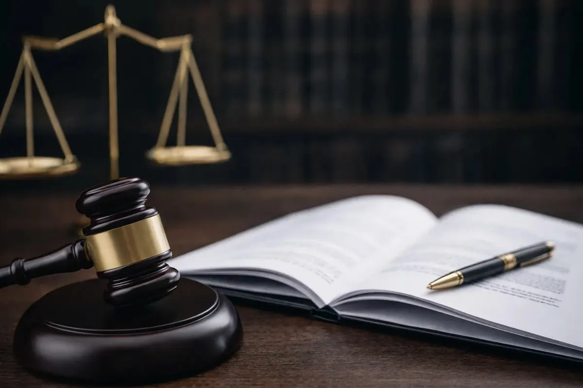 Gavel, scales of justice and an open law book