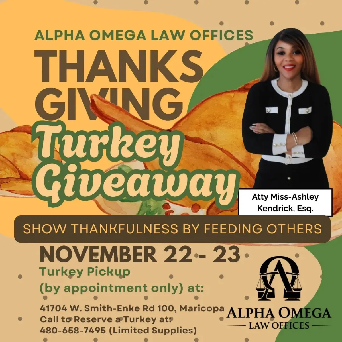 Alpha Omega Law Offices Thanksgiving turkey giveaway flyer