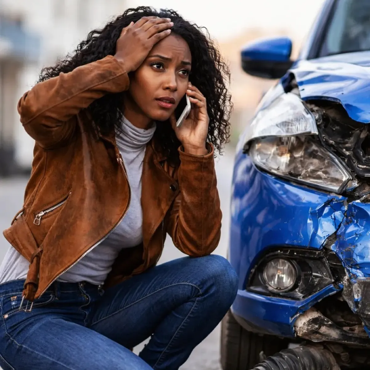 Woman on the phone beside a damaged car after an accident